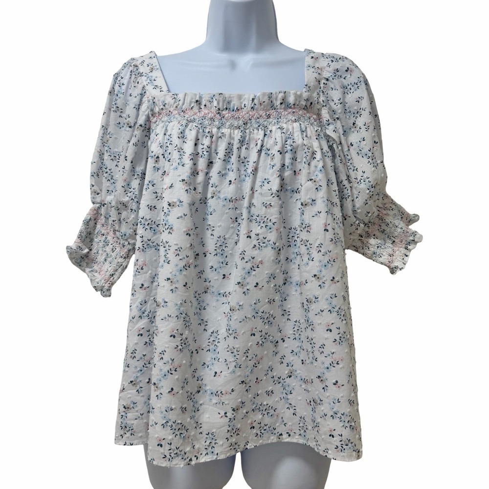 Dondolo Womens Eloise Floral Swiss Dot Smocked Blouse Size S White Feminine NEW